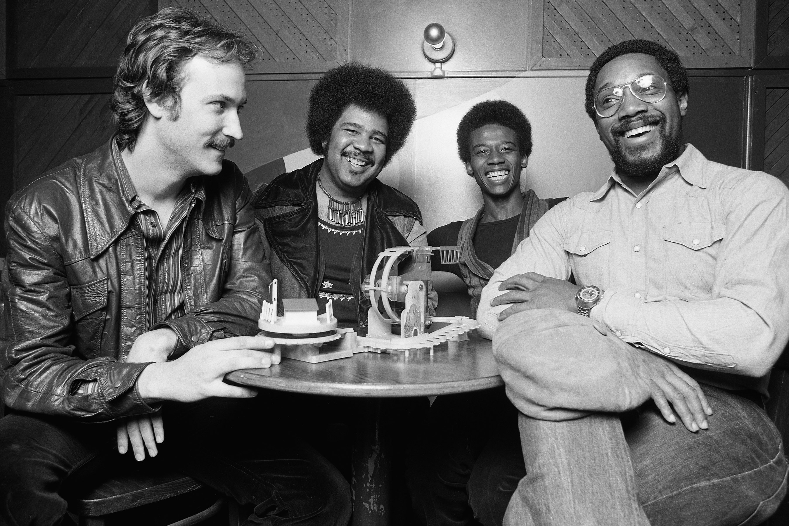 The Billy Cobham–George Duke Band at the Bottom Line Cabaret in New York City, March 18, 1976. (left to right) John Scofield, George Duke, Alphonso Johnson, and Billy Cobham. Photo by Leonard M. DeLessio/Corbis via Getty Images.